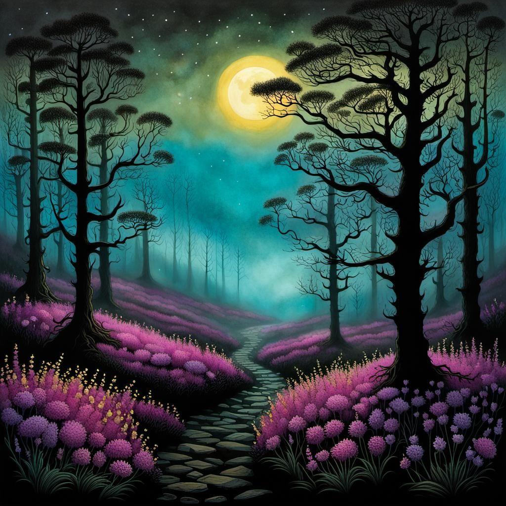 Blooming Heather in Morning Mist, Comic Art Style