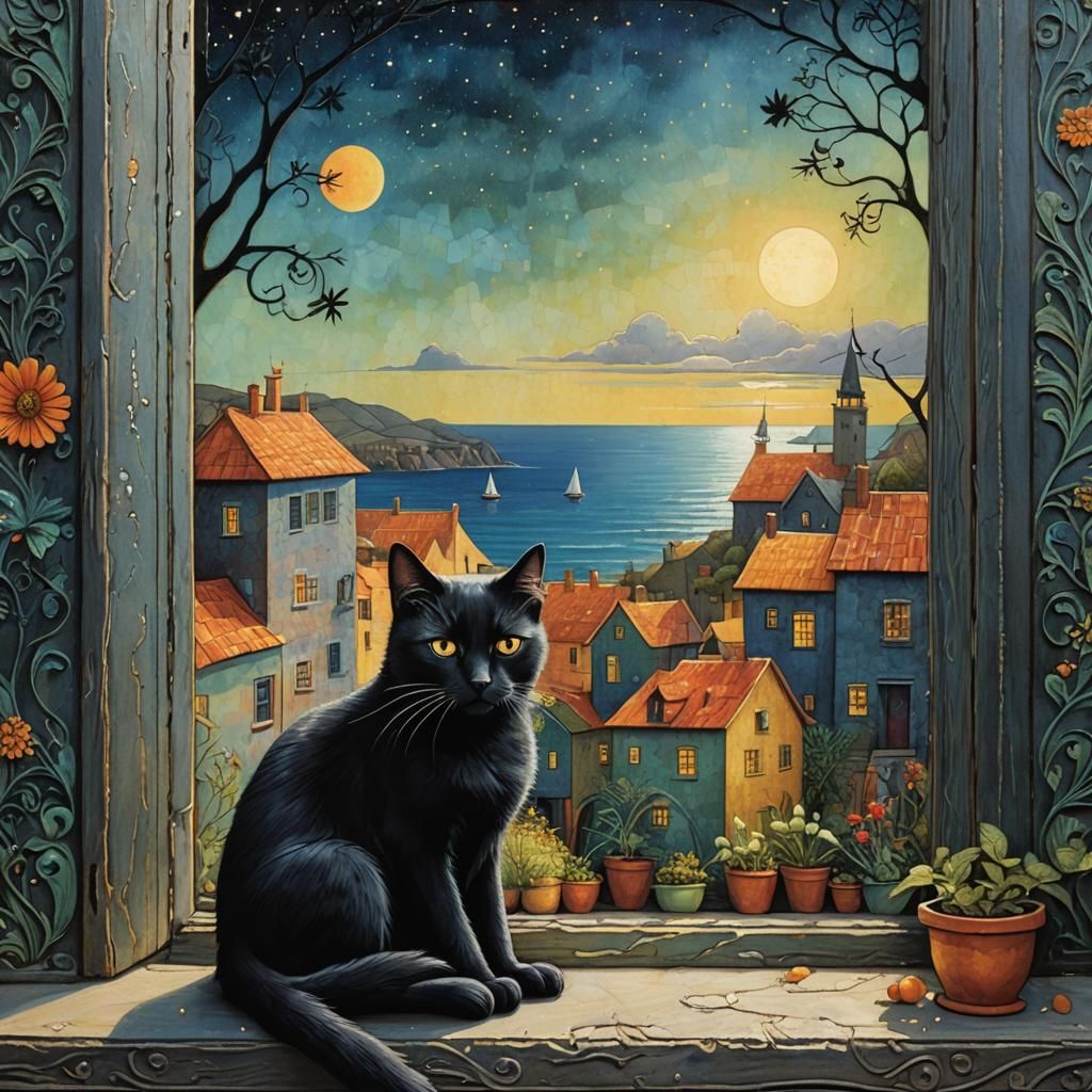Dreamlike Black Cat Relief with Seaside Village