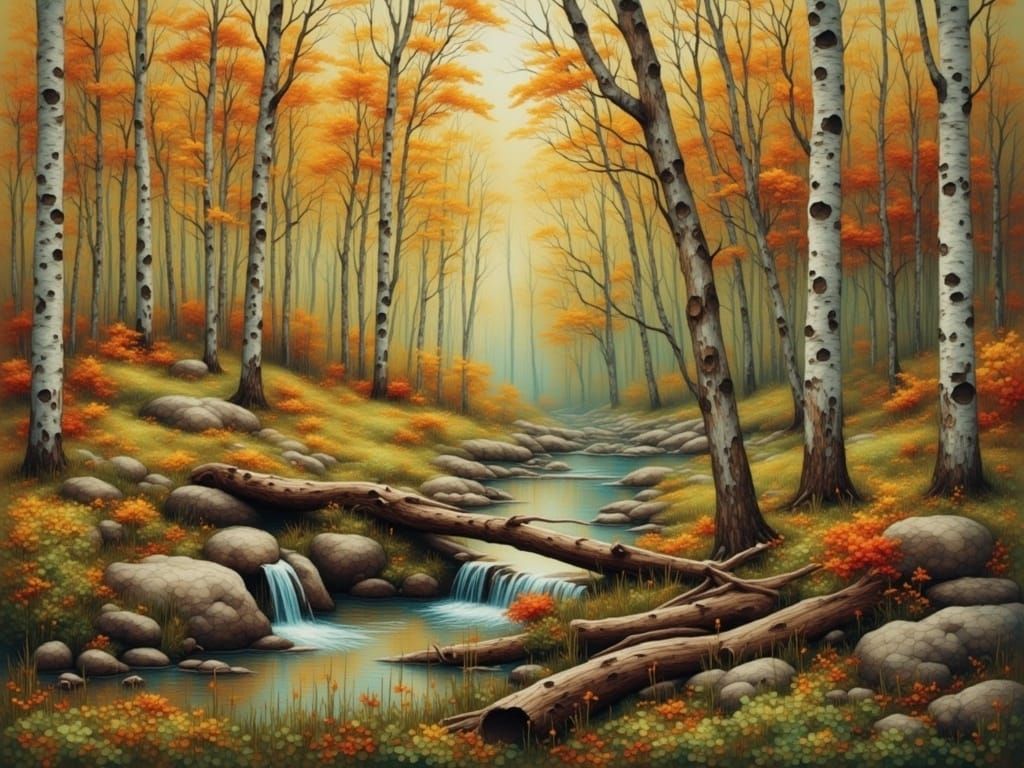 Autumnal Stream in Forest Meadow as Mosaic Painting