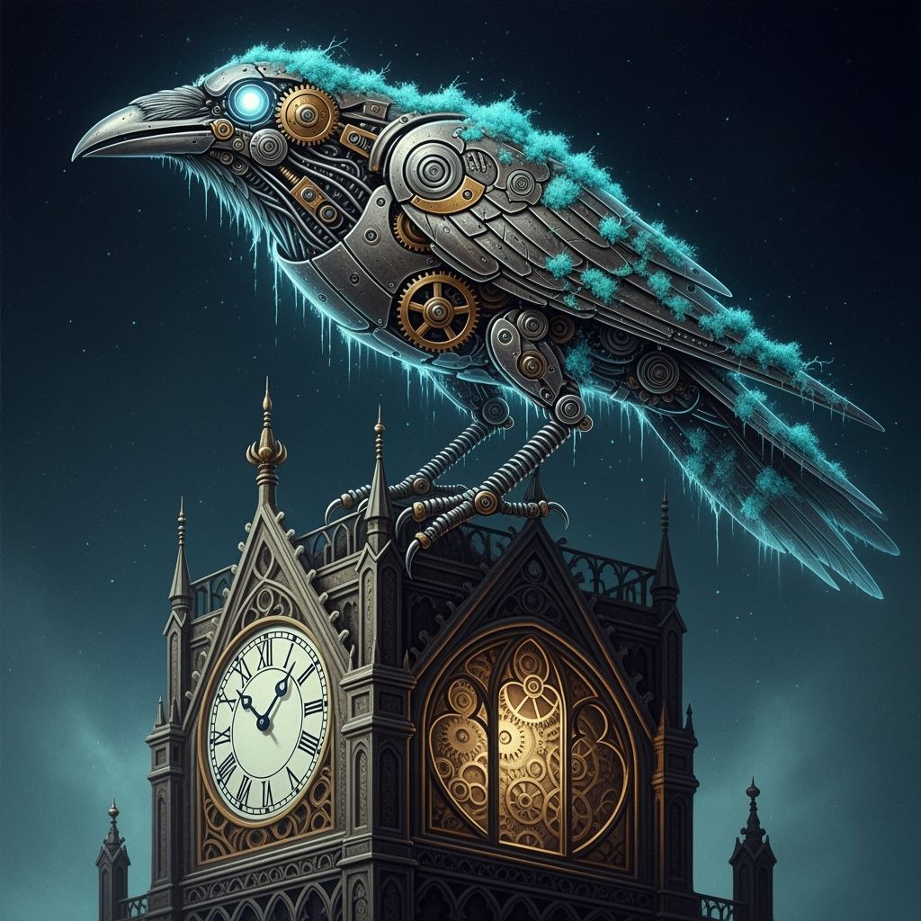 Clockwork Raven Perched Atop Gothic Clock Tower