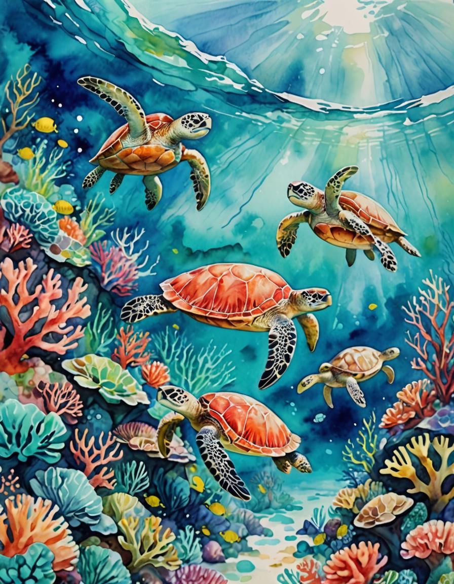 Watercolor Coral Reefs Above Sea Turtles