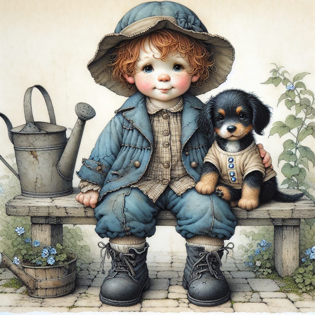 Whimsical Child with Puppy in Acrylic Painting Style