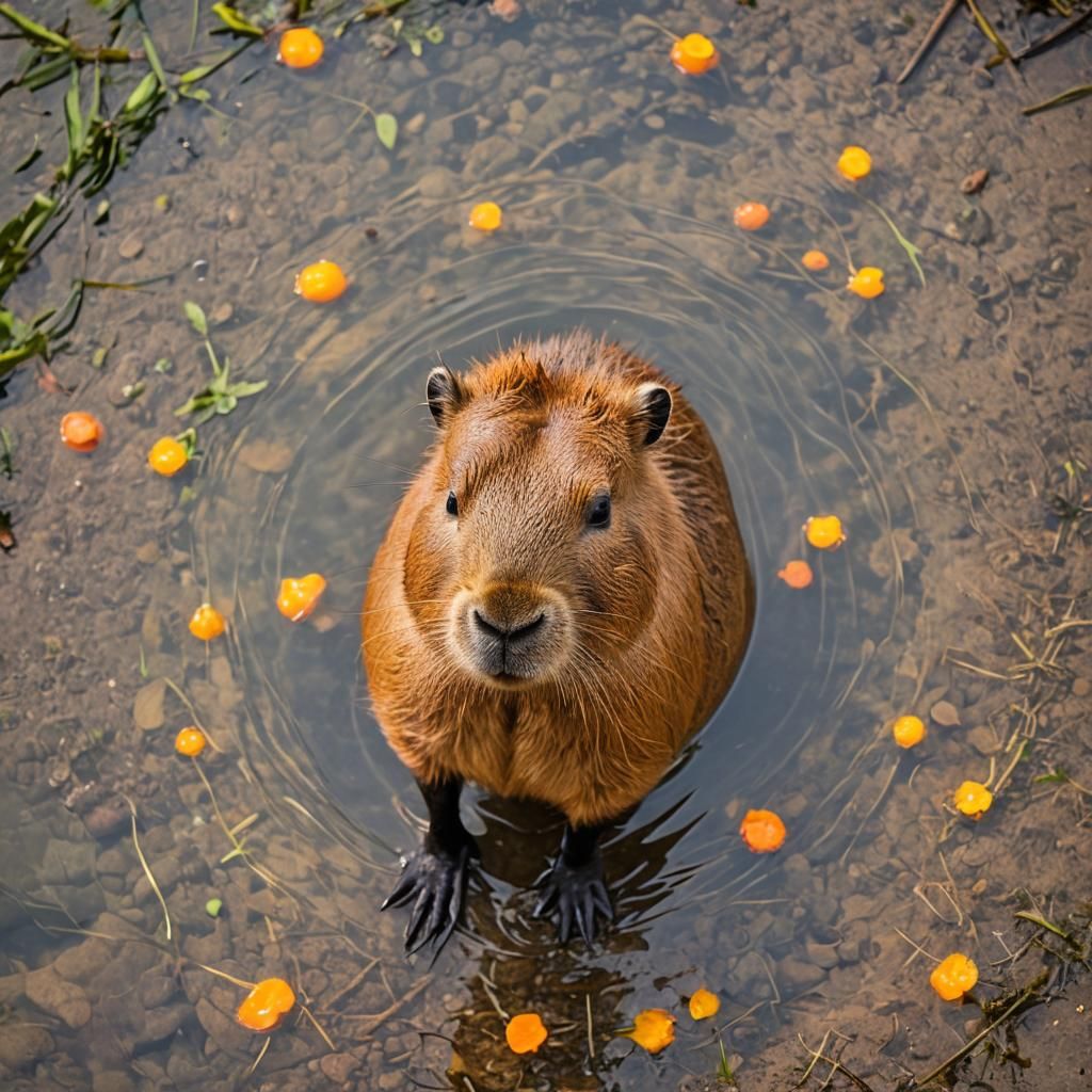 Capybara Relaxation in Hot Spring with Orange