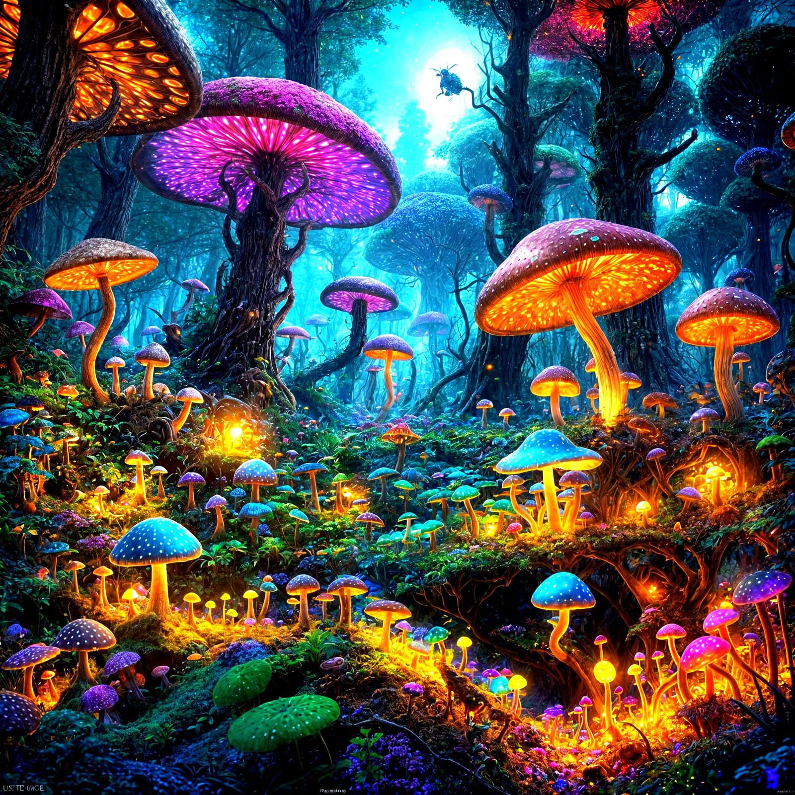 Surreal Masterpiece in Precisionism Style: Glowing Mushrooms...