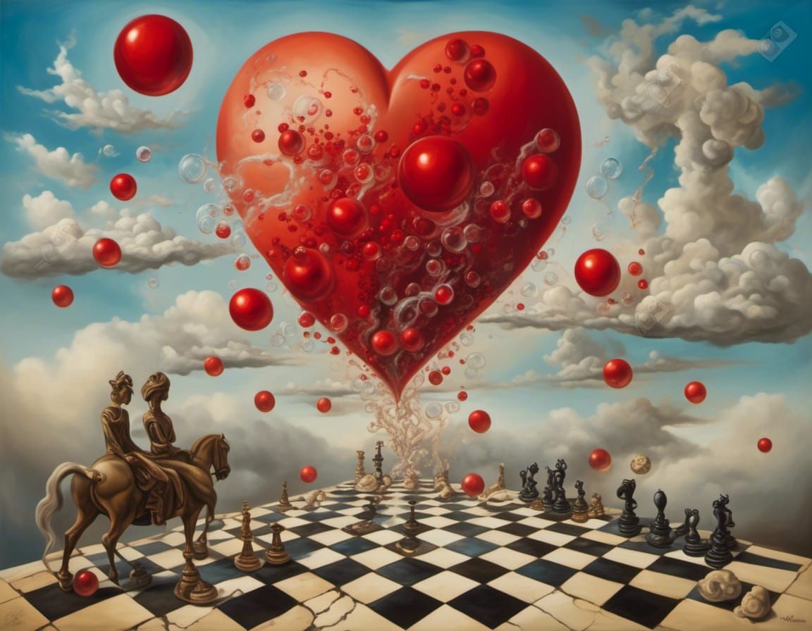 Surreal Landscape with Hearts and Bubbles as Oil Painting