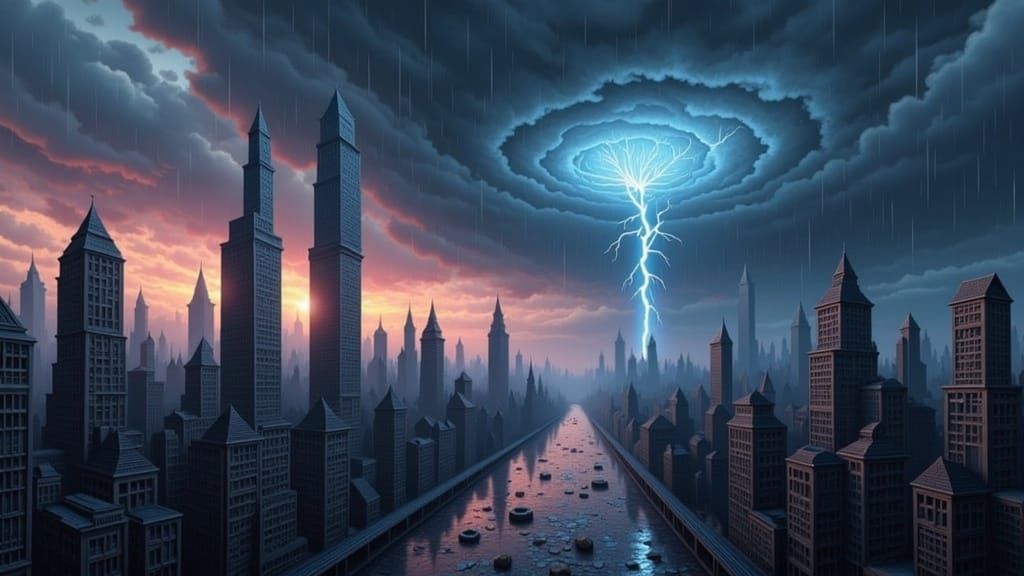 Dystopian Cityscape Under Darkening Twilight