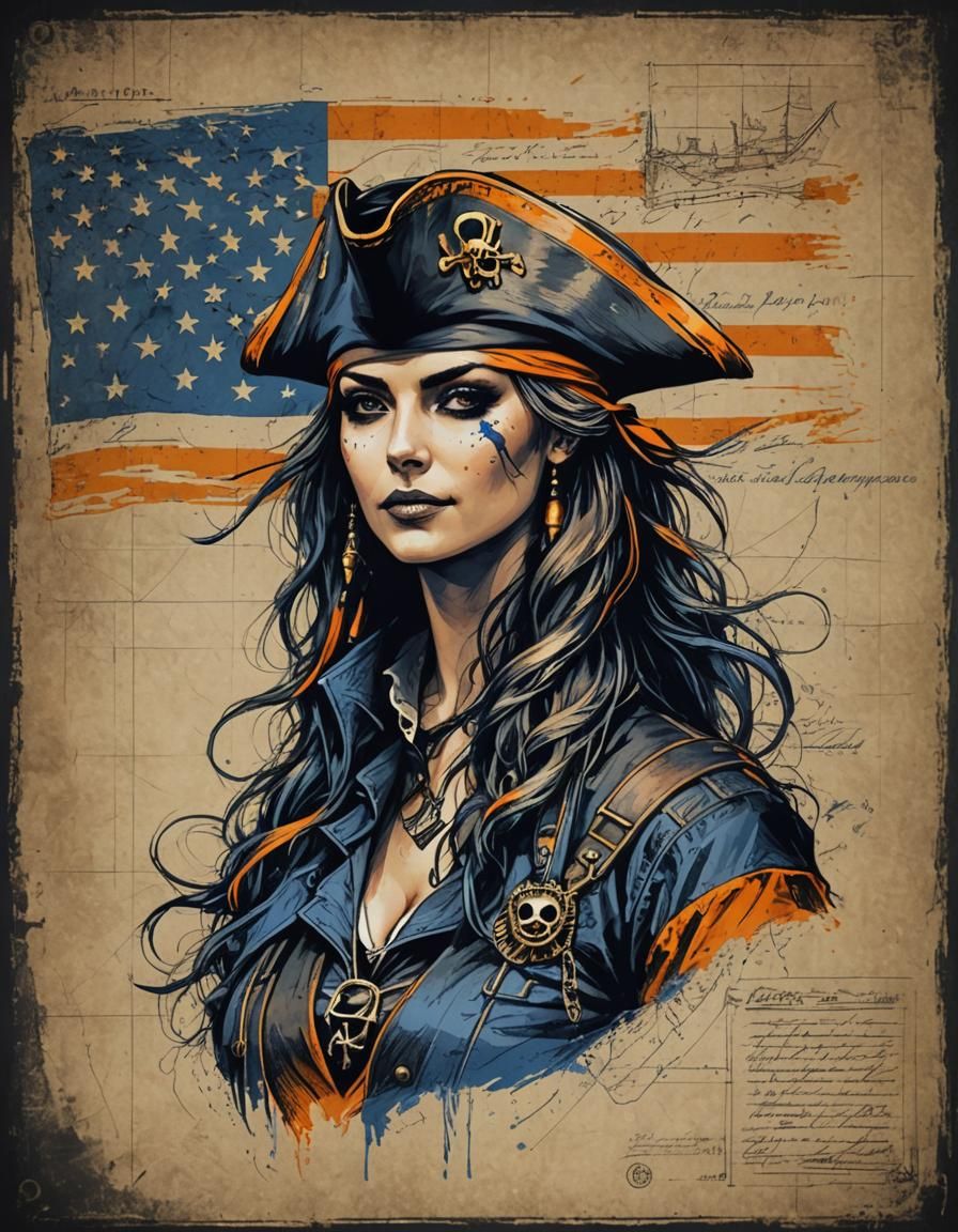 Grunge Portrait of a Pirate with Blueprint Design