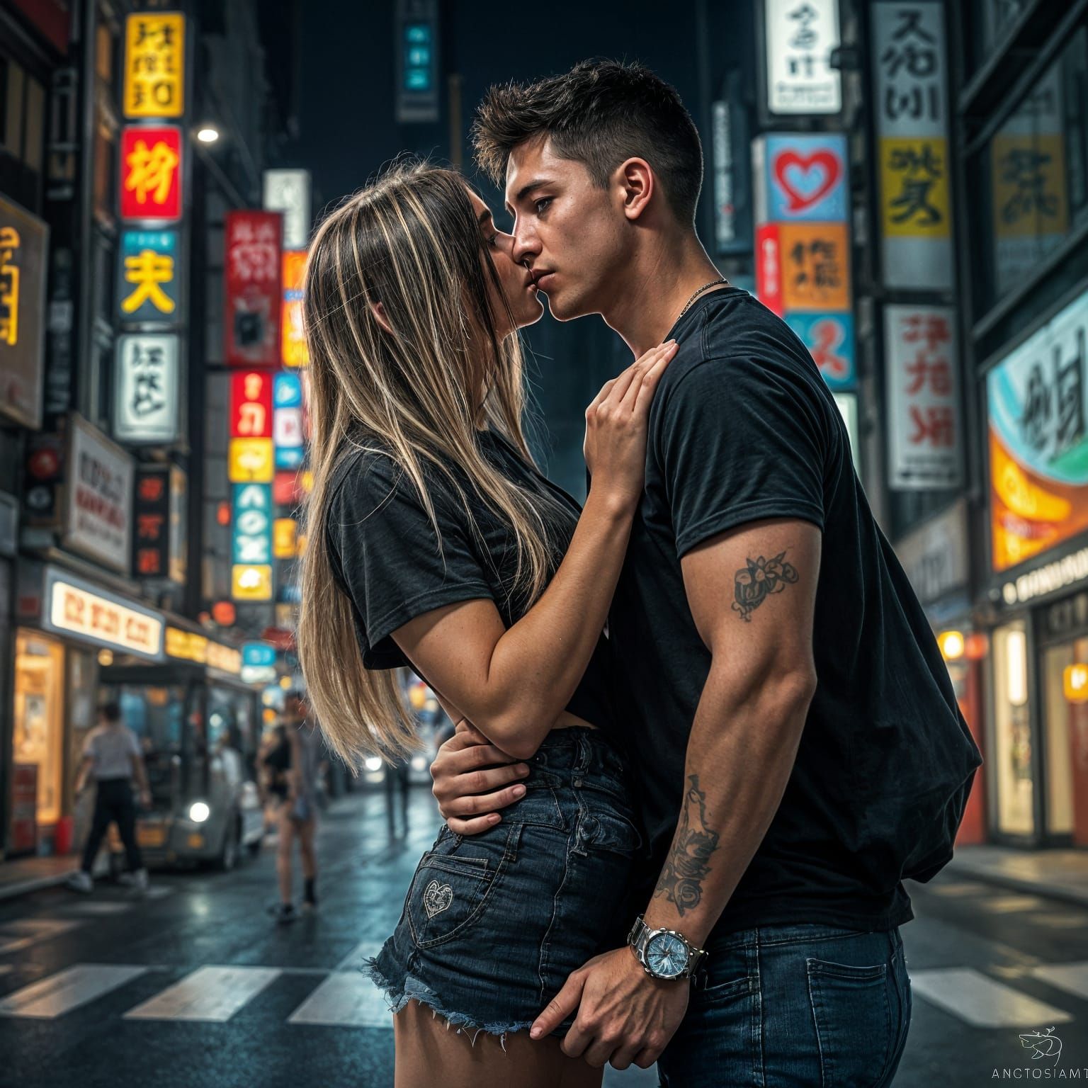 Hyperrealistic Goth Woman and Japanese Man Kissing