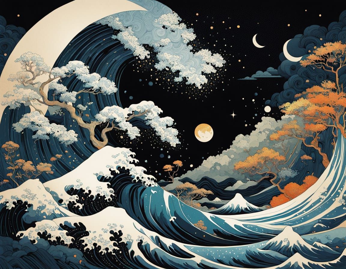 Embossed Yin Yang Landscape in Impasto Painting Style