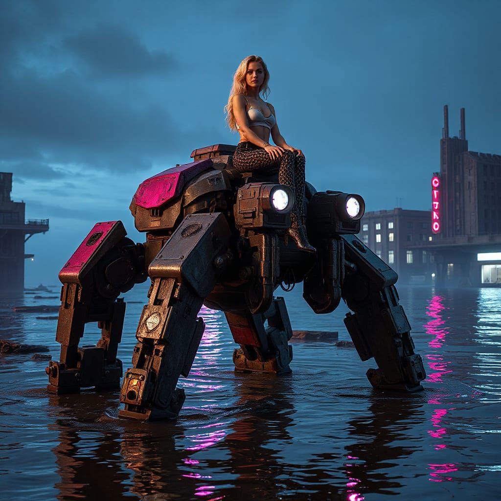 Woman on Robot in Flooded City, Futuristic Urban Rebellion