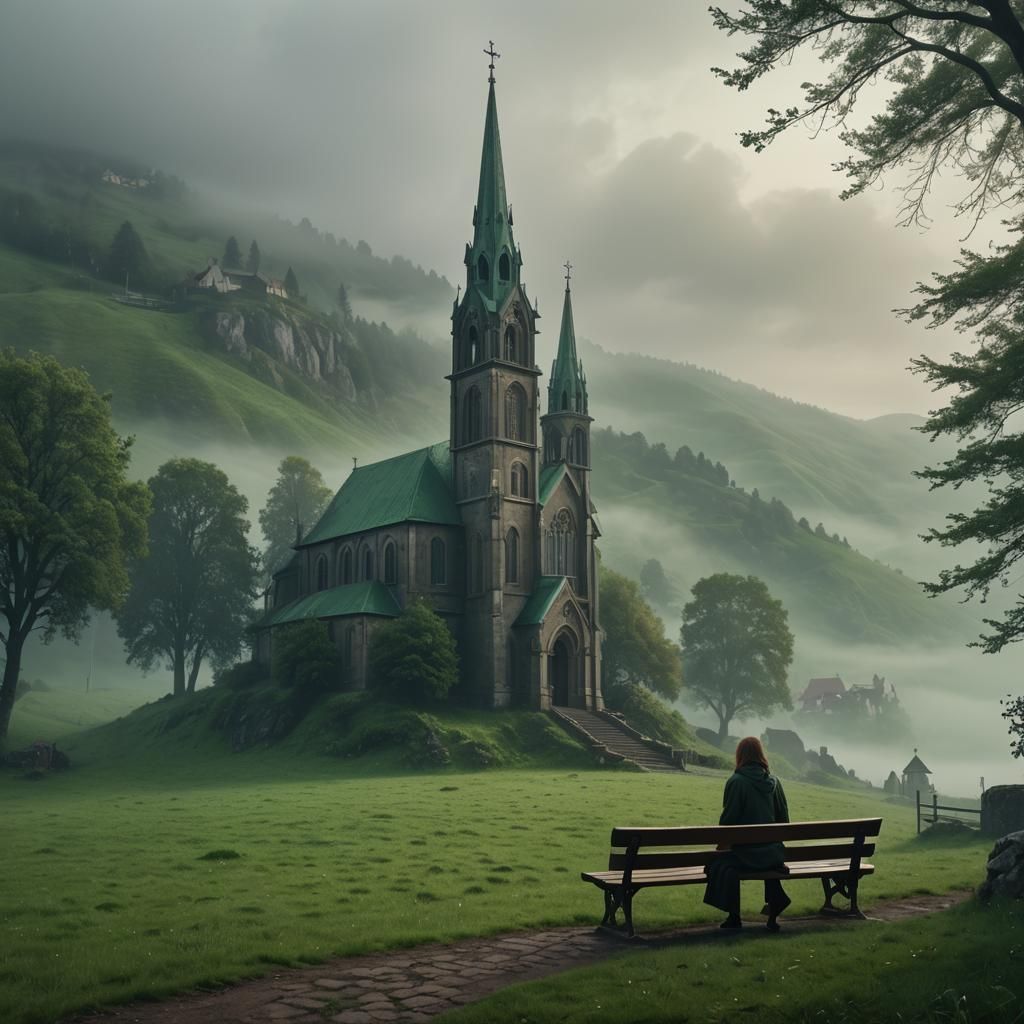 Mystic Church in Fog with Girl on Bench