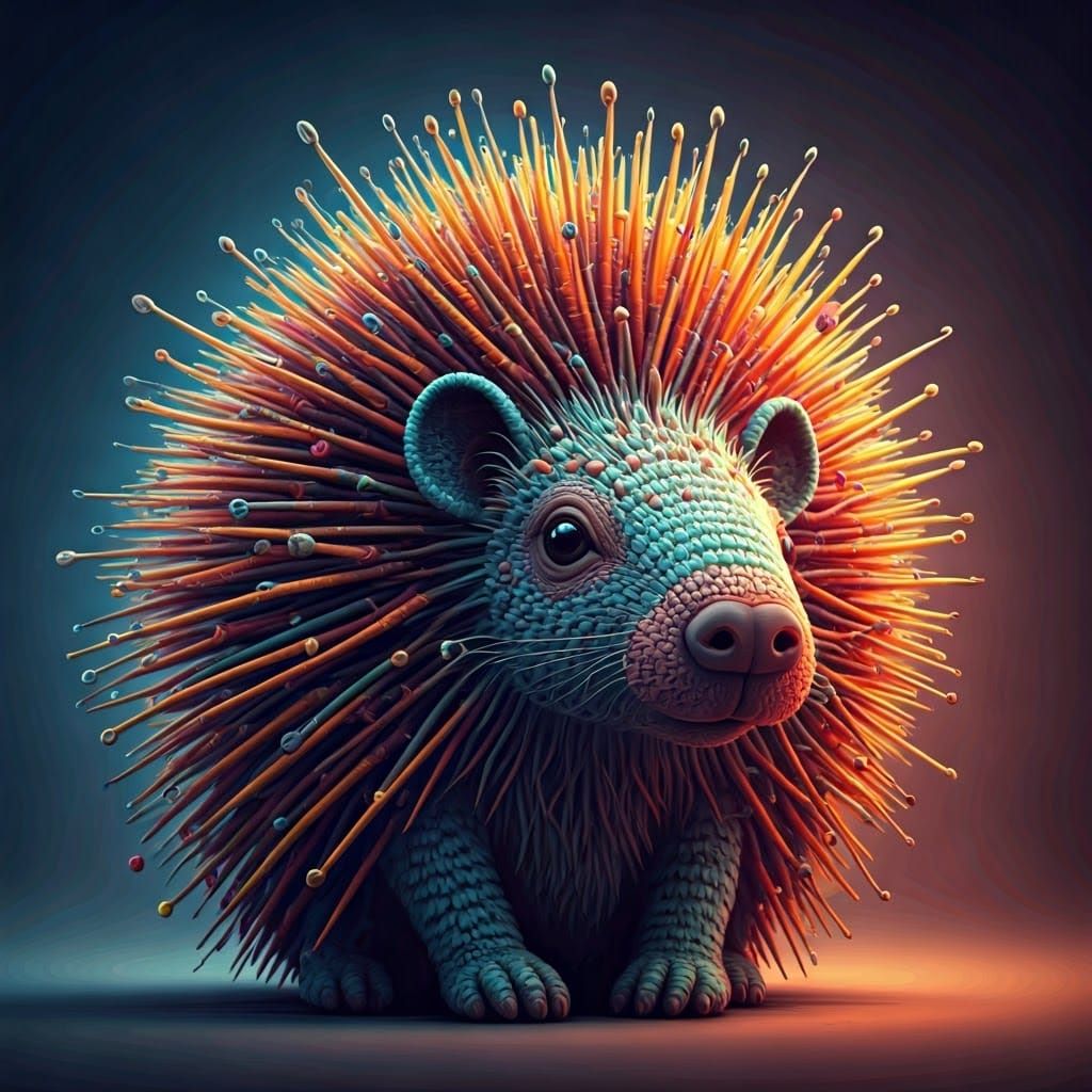 Vibrant Hyperrealistic Crochet Porcupine in Colorful Concept...
