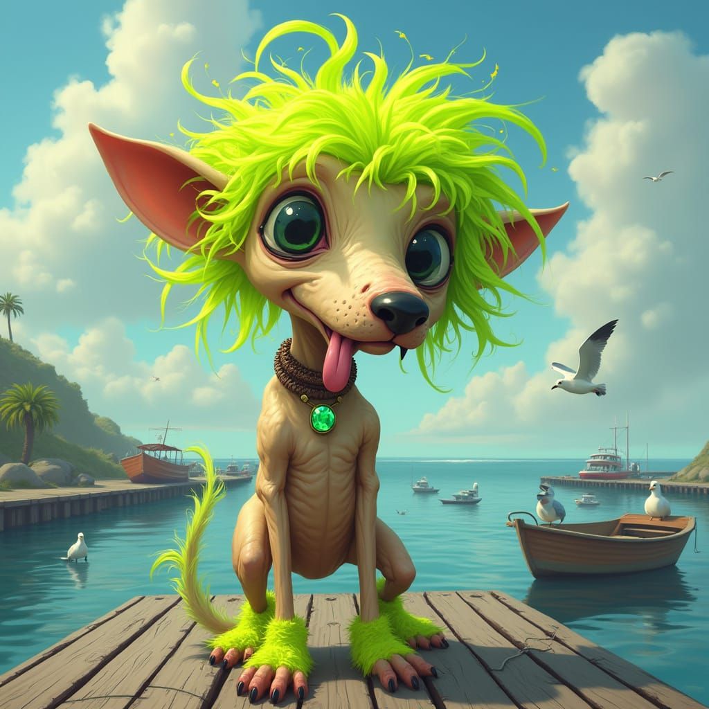 A scrawny, wrinkled, hairless beige dog with a long thin snout, one long yellowed tooth and tongue hanging out, oversize...