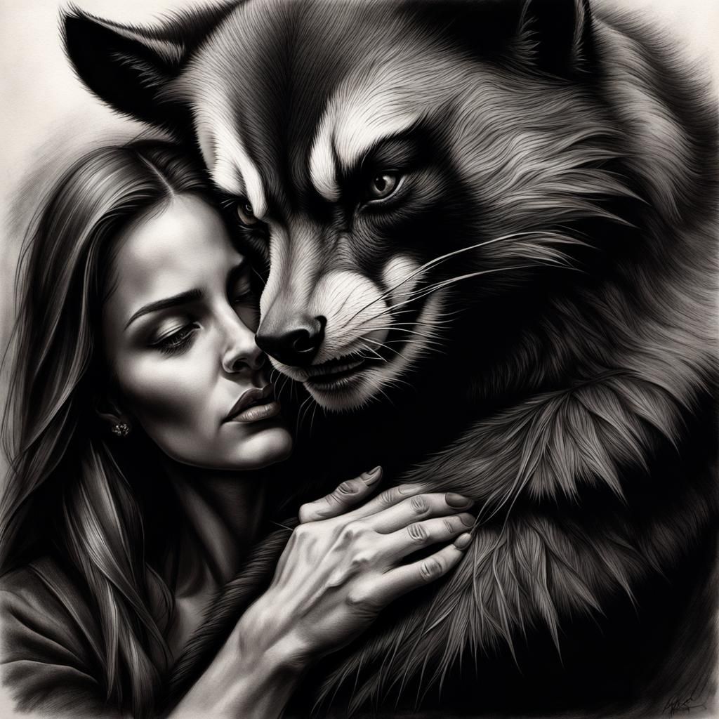 Wolverine Embraces Woman: Realistic Charcoal Drawing