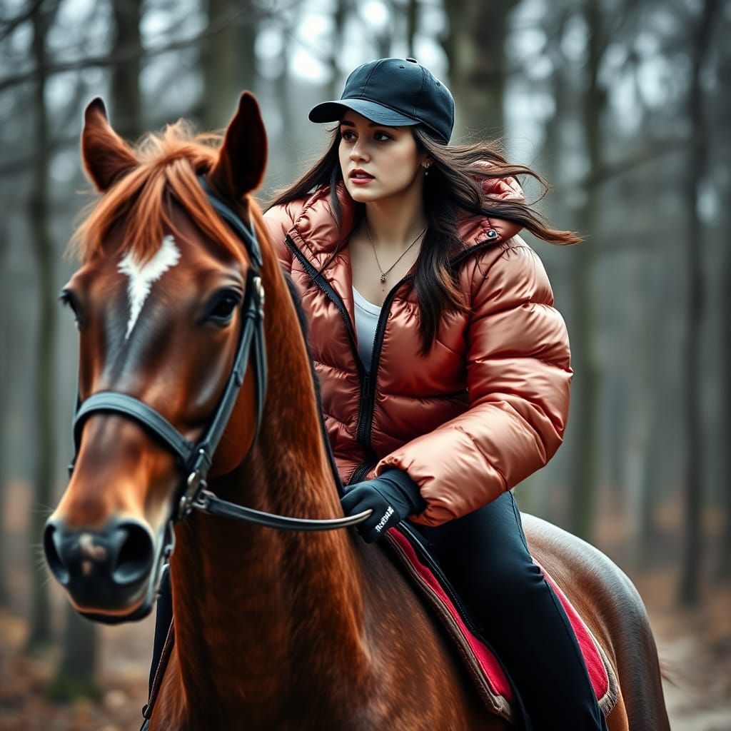 vivid colourful photorealistic. Stunning pretty young female on a horse in full gallop, modern wint...