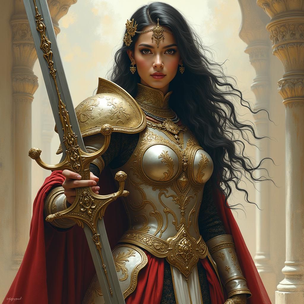 Armored Woman with Sword in Surrealist Style
