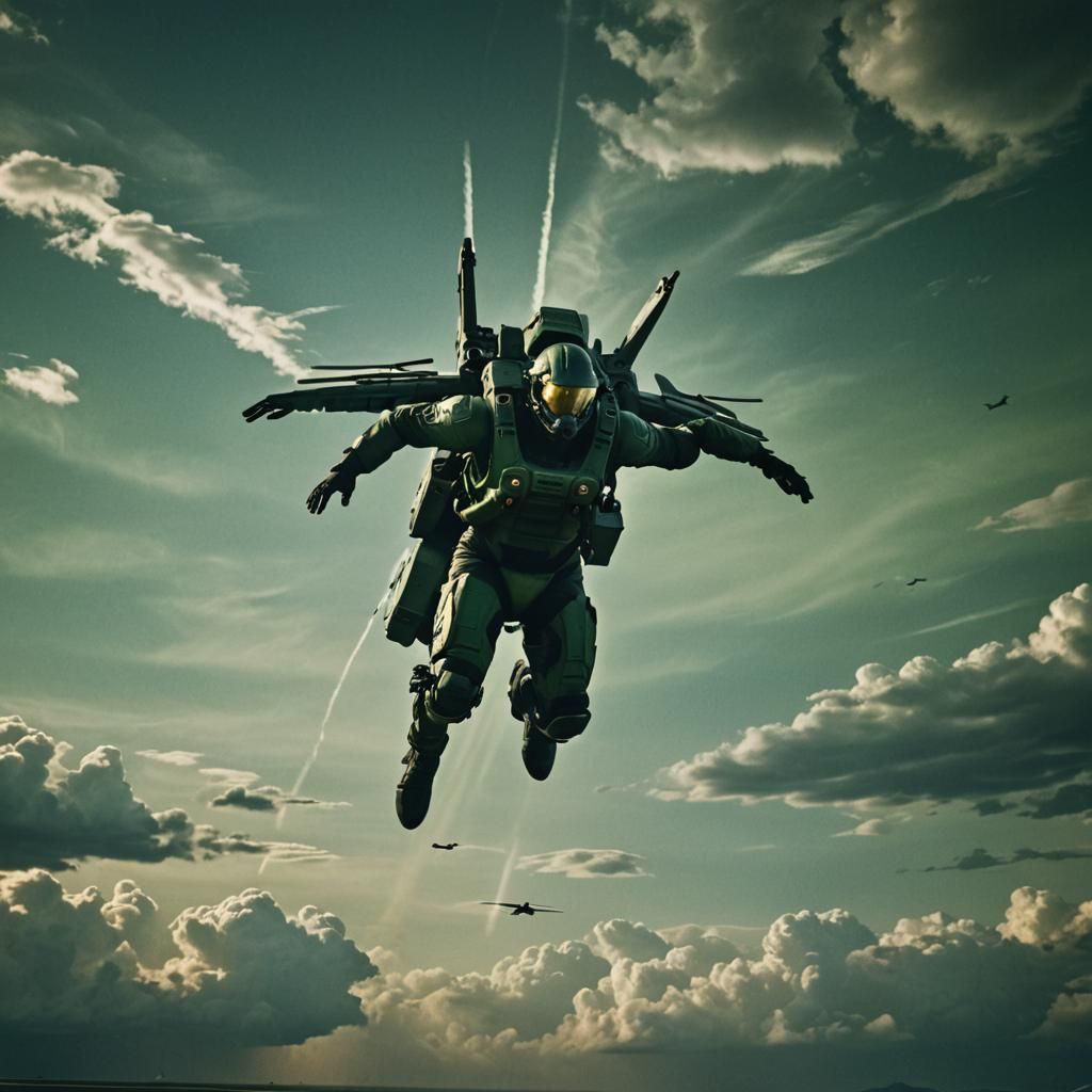 American Soldier with Exoskeleton Wings Halo Jump