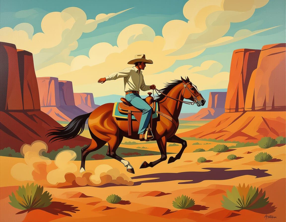 Cowboy Rides Horse in Desert Canyon: Abstract Oil Painting