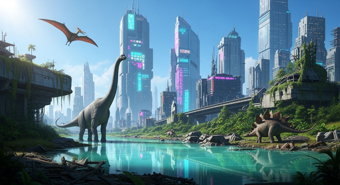 Post-Apocalyptic Cityscape with Dinosaurs