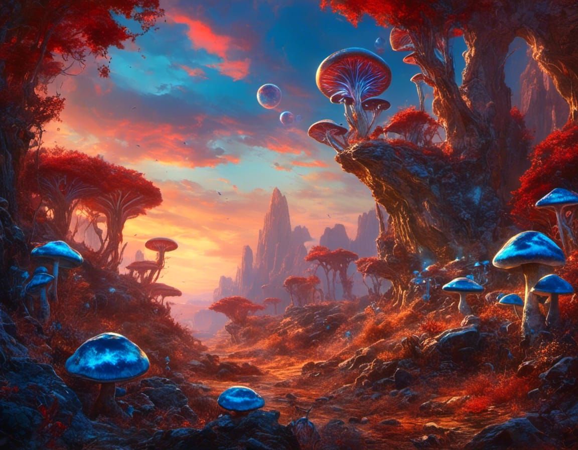 Sci-Fi Alien Landscape with Bioluminescent Flora
