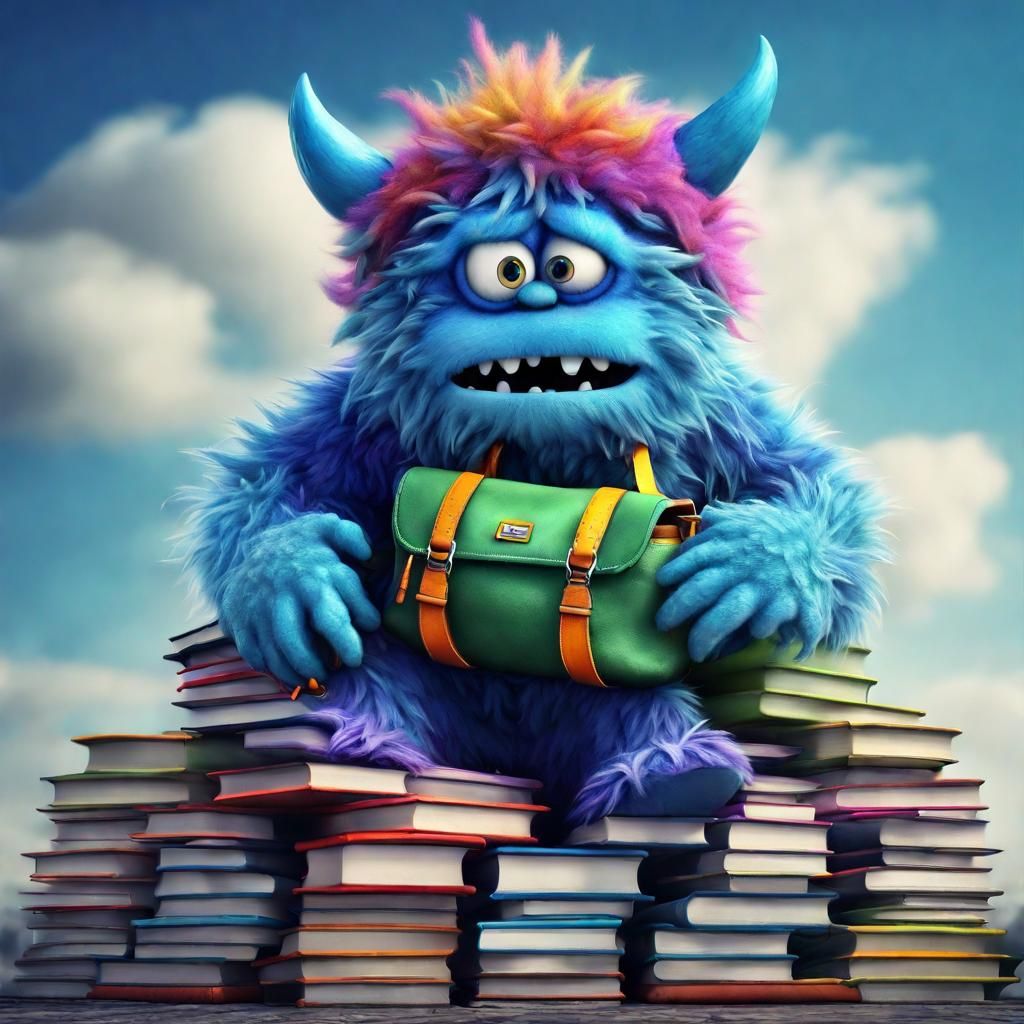 Fluffy Blue Monster on Colorful Books