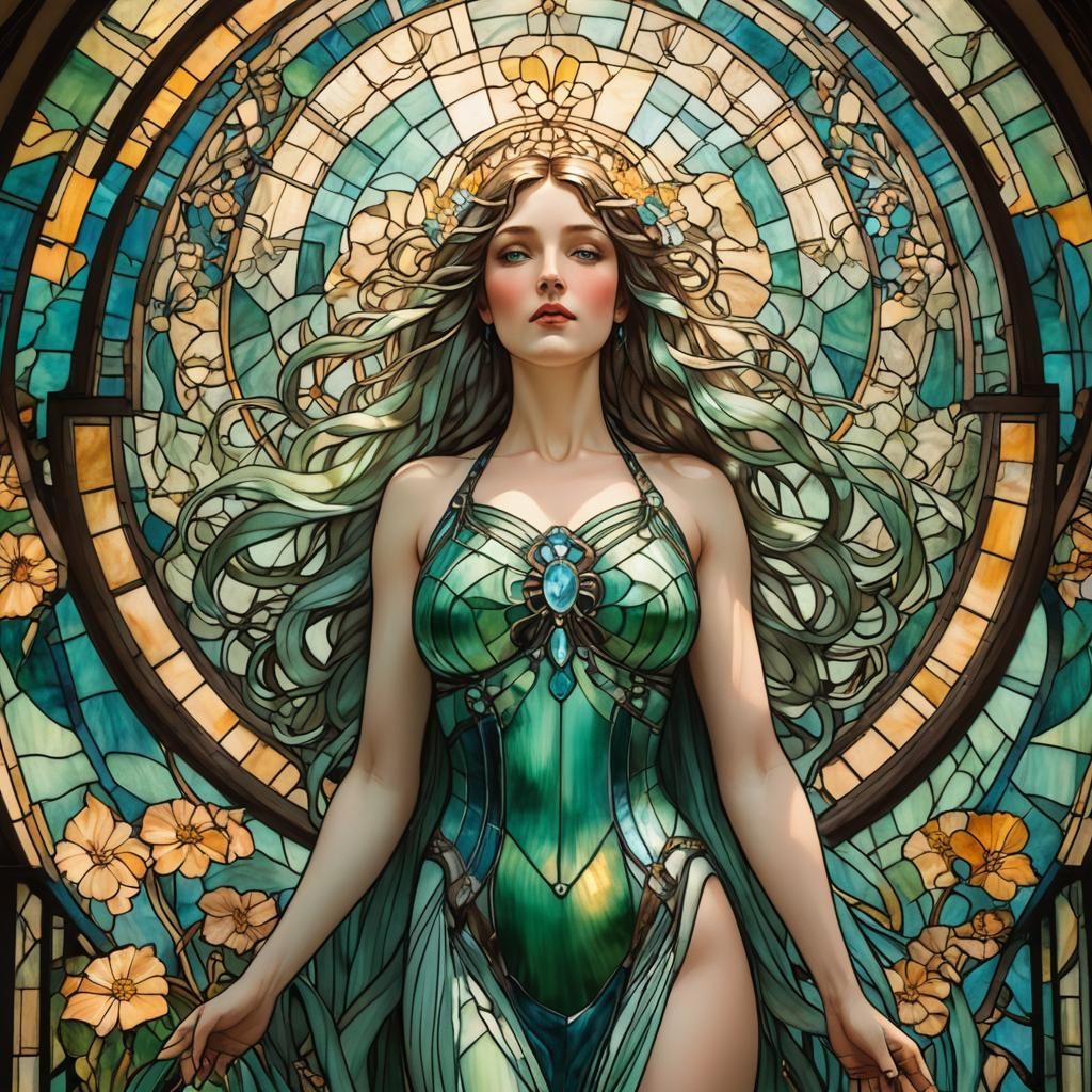 Art Nouveau Woman in Tiffany Lamp