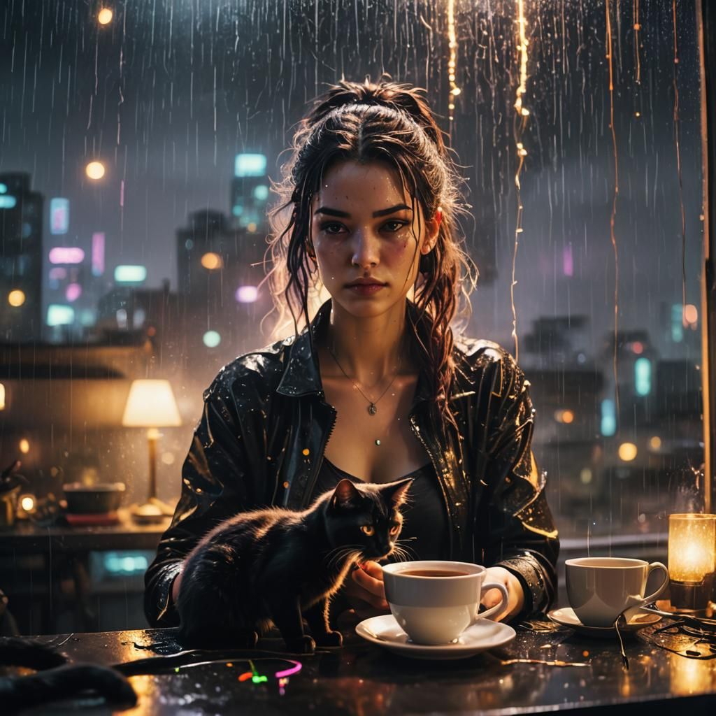 Cyberpunk Film Still: Woman and Cat in Neon Room