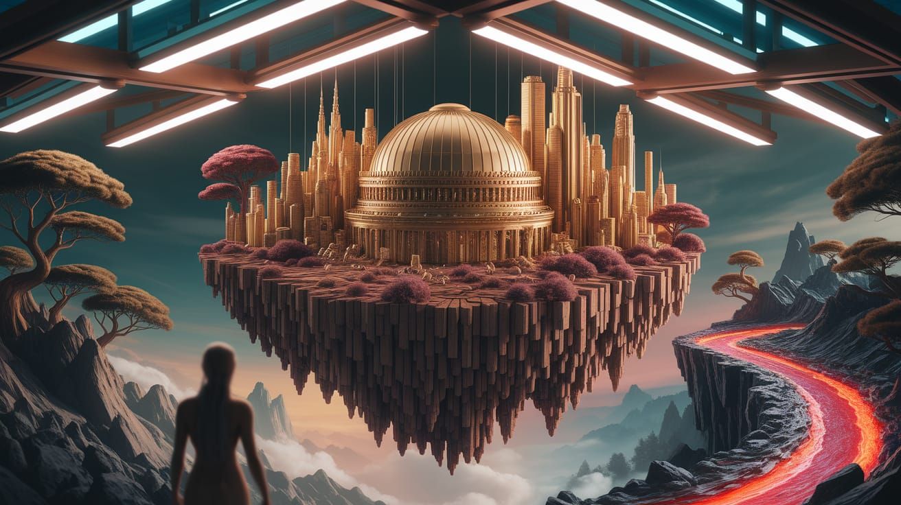 Floating Golden Landscape with Godlike Figure