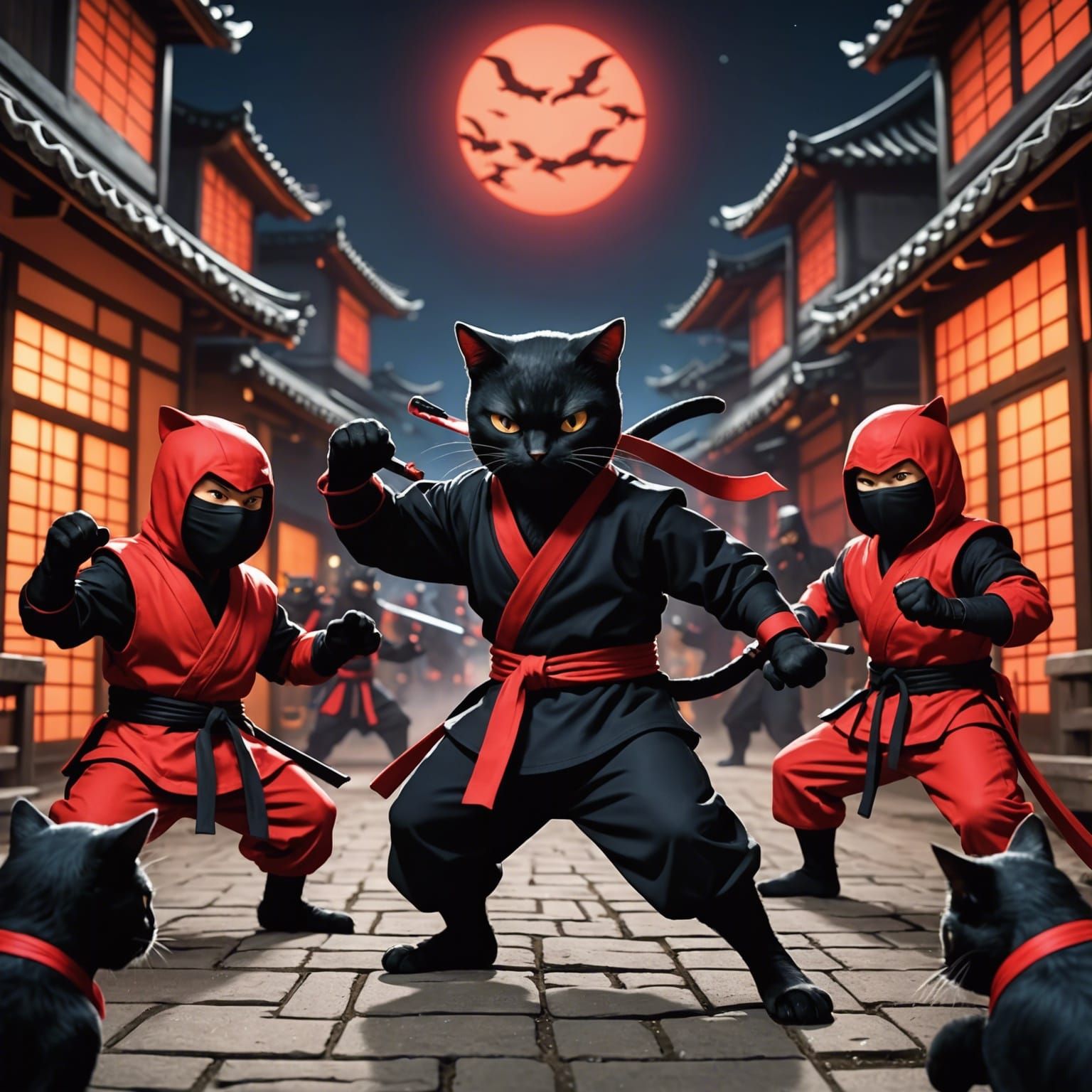 Comical Cat Ninja Battle at Night