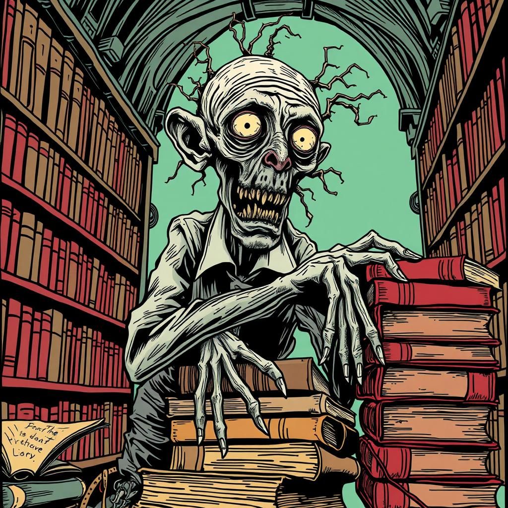 Art Brut Zombie Librarian in Ancient Library