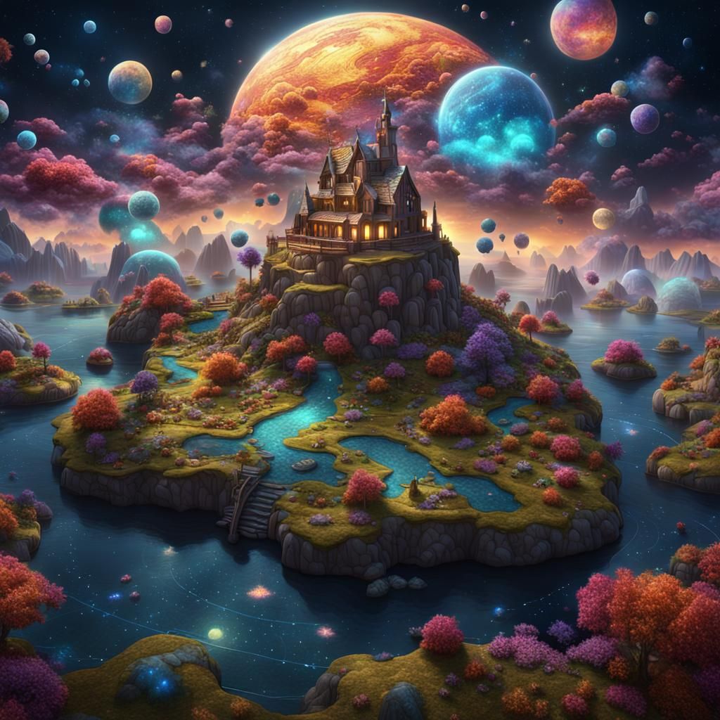 Quilted Fantasy Landscape with Floating Islands