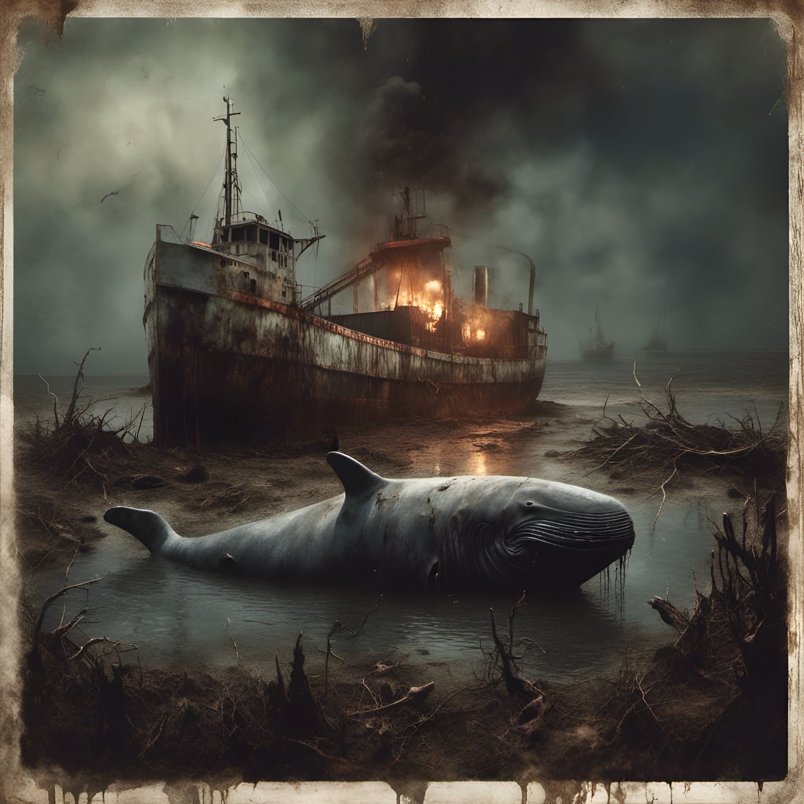 Macabre Sperm Whale in Post-Apocalyptic Oil Sea