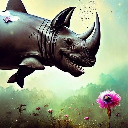 Adorable Rhino Shark Hybrid with Wings and Flowers