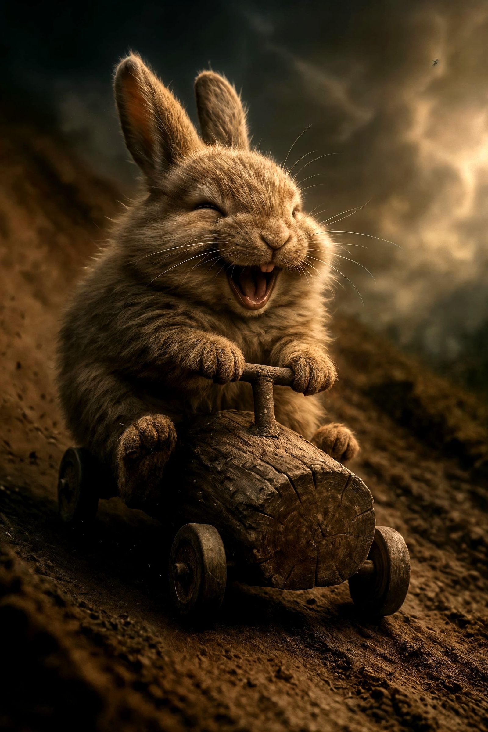 Laughing Bunny Races Downhill on Homemade Racer