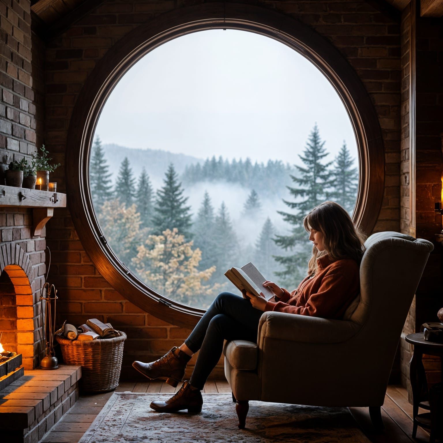 Cozy Armchair by Fireplace Overlooking Foggy Forest