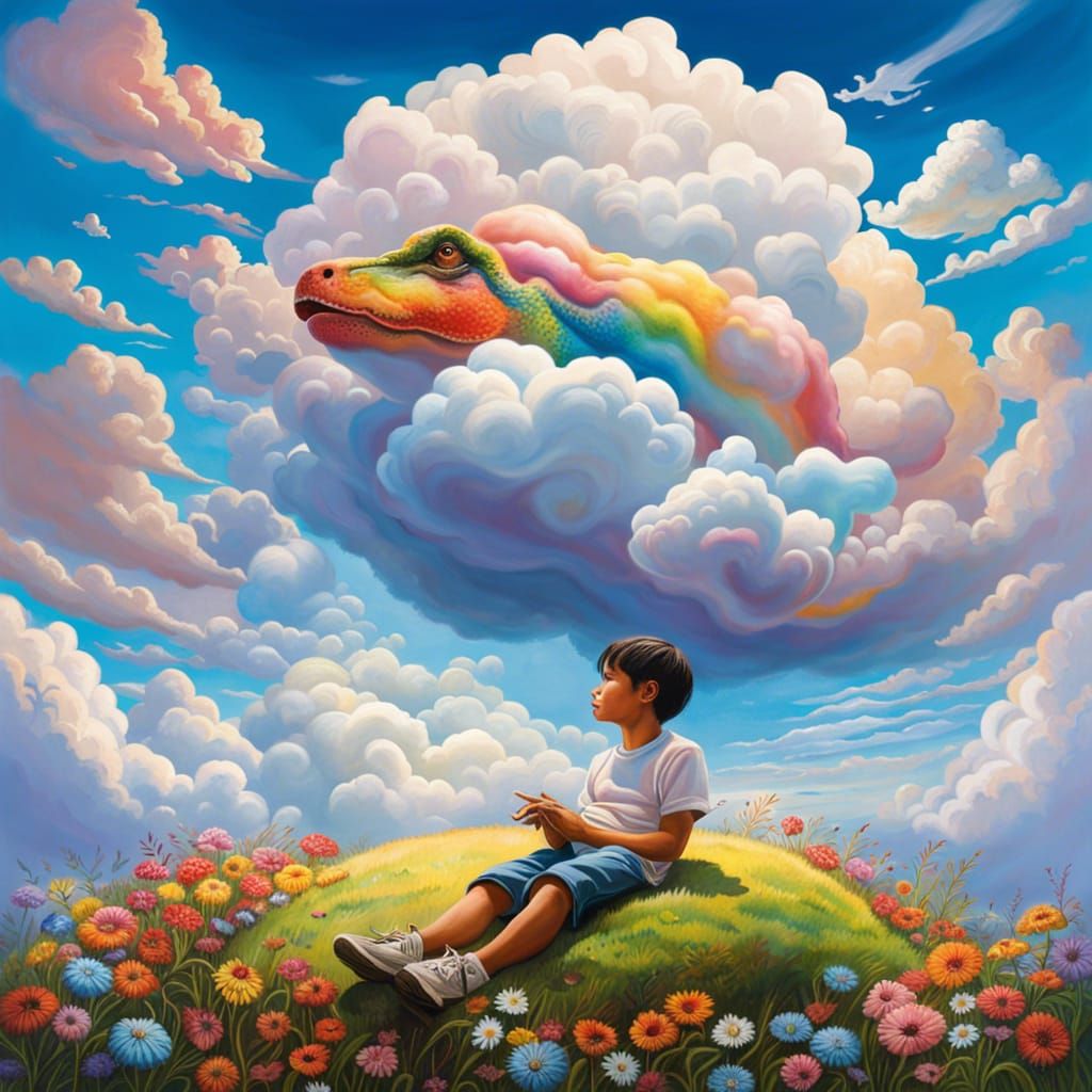 Child Gazing at Cloud Dinosaur in Dream Meadow