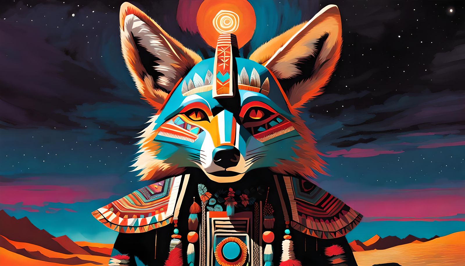 Neon Navajo Coyote Kachina Doll, Digital Painting