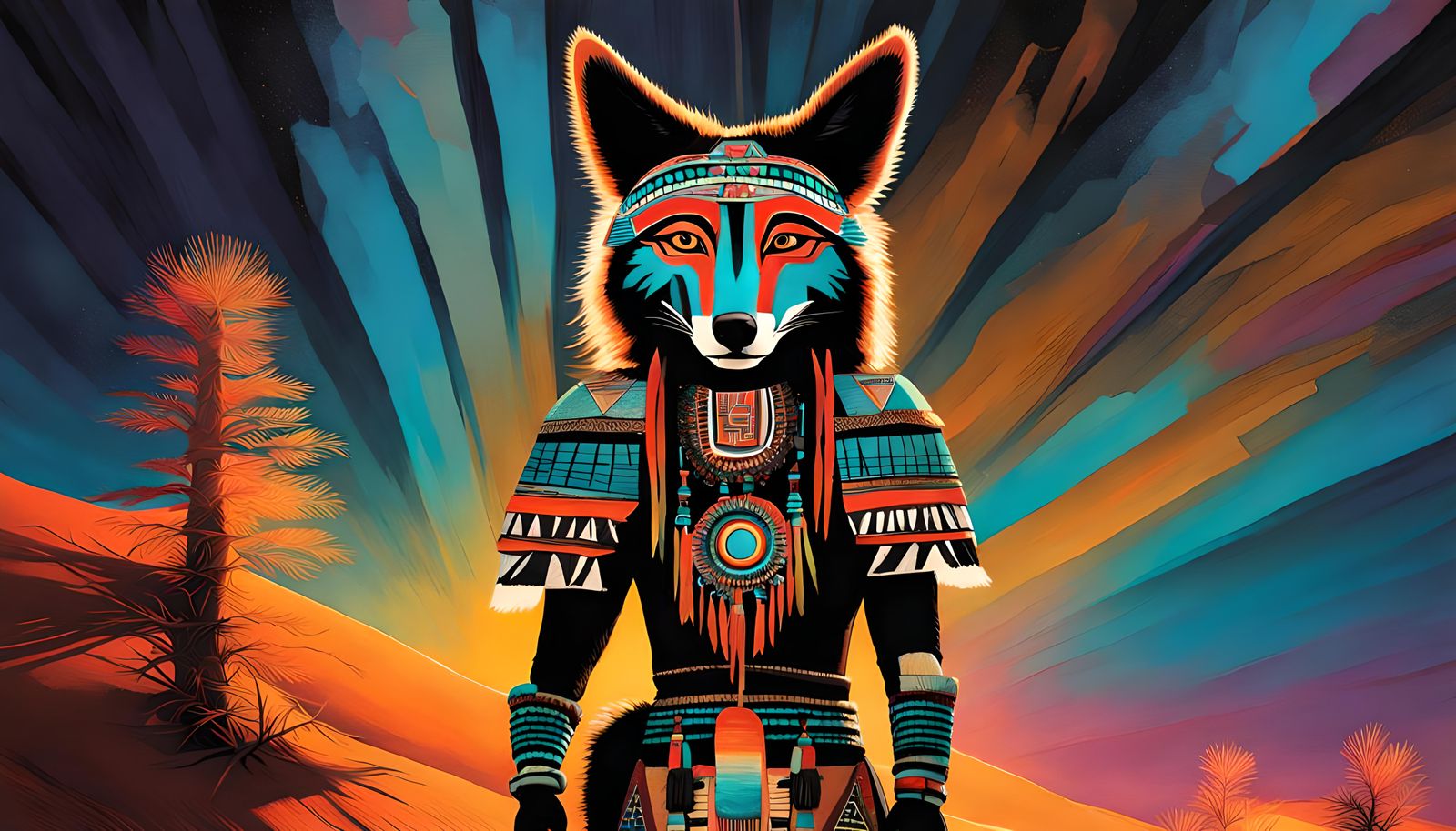 Mischievous Navajo Coyote Kachina Doll in Neon