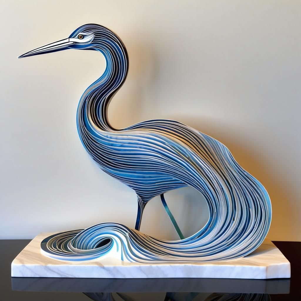 Marble Heron Sculpture with Intricate Wave Design