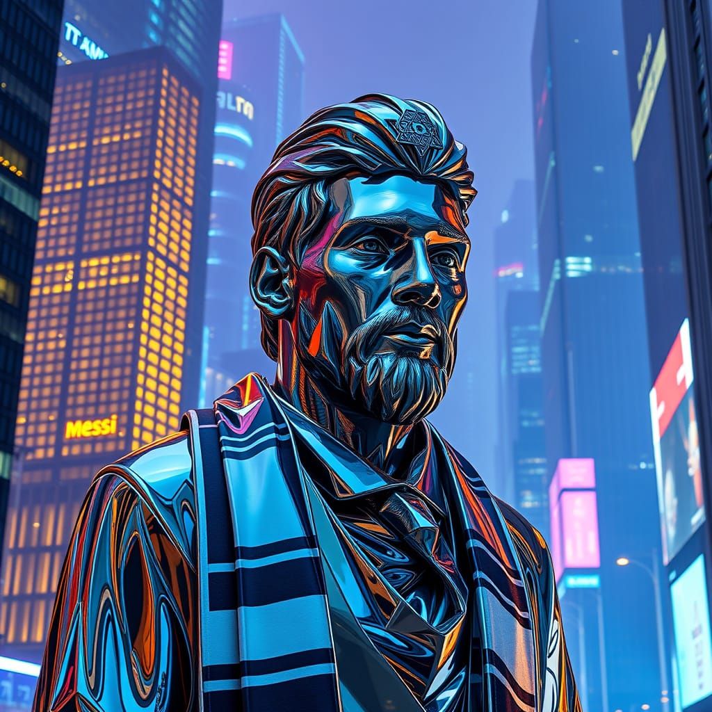 Glowing Chrome Statue of Messi Dominates Futuristic Cityscap...