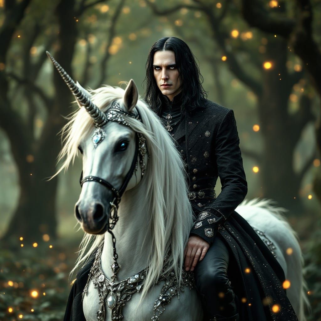 Severus Snape on Mystical Unicorn in Gothic Forest