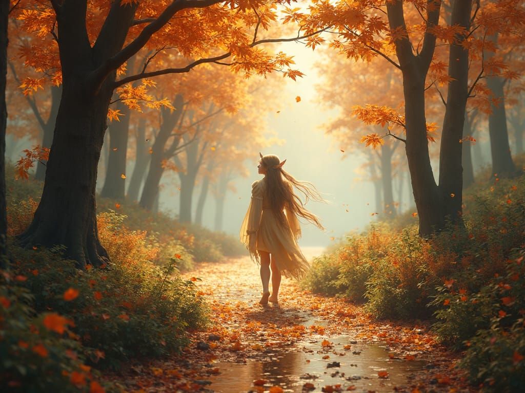 Elf Travels Through Magical Autumn Fantasy Forest