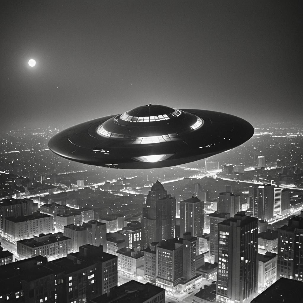 Flying Saucer over City at Night