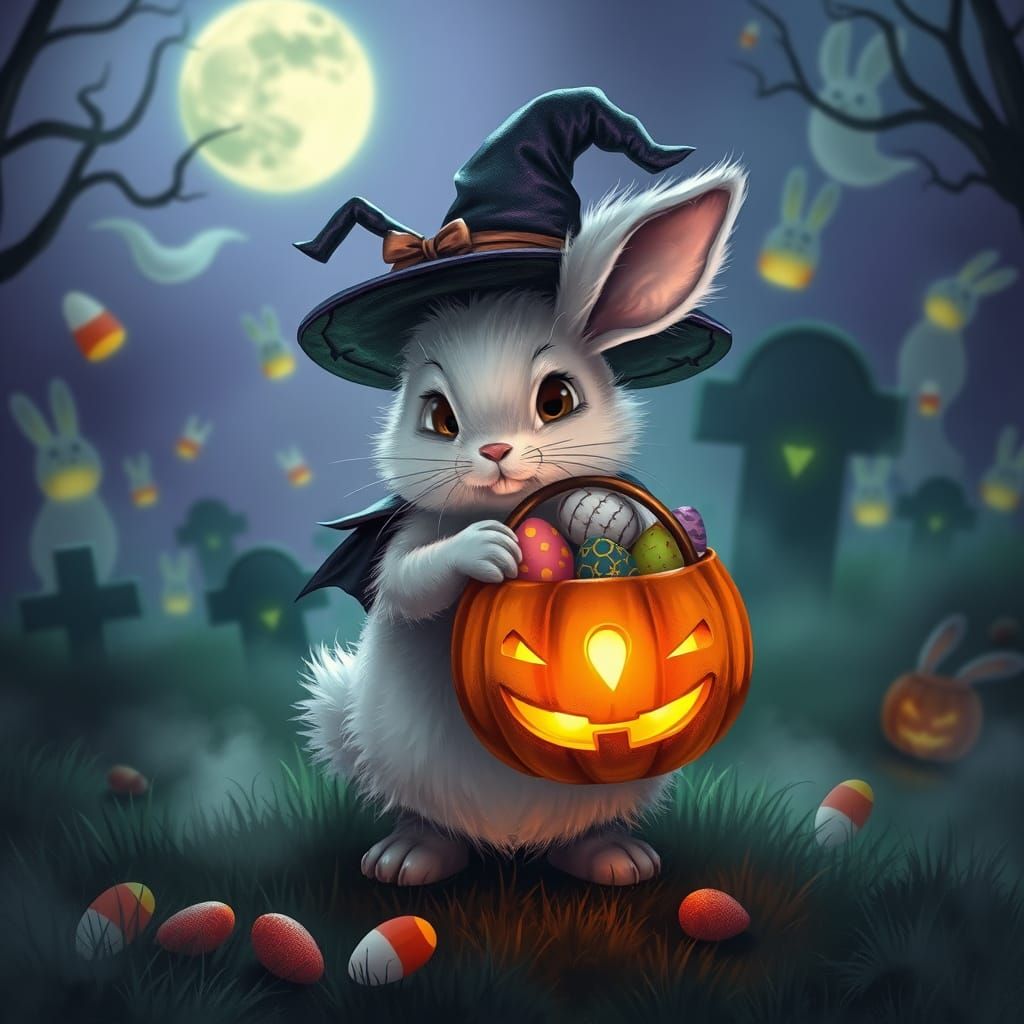 Halloween Easter Bunny with Jack-o'-Lantern Basket in Moonli...