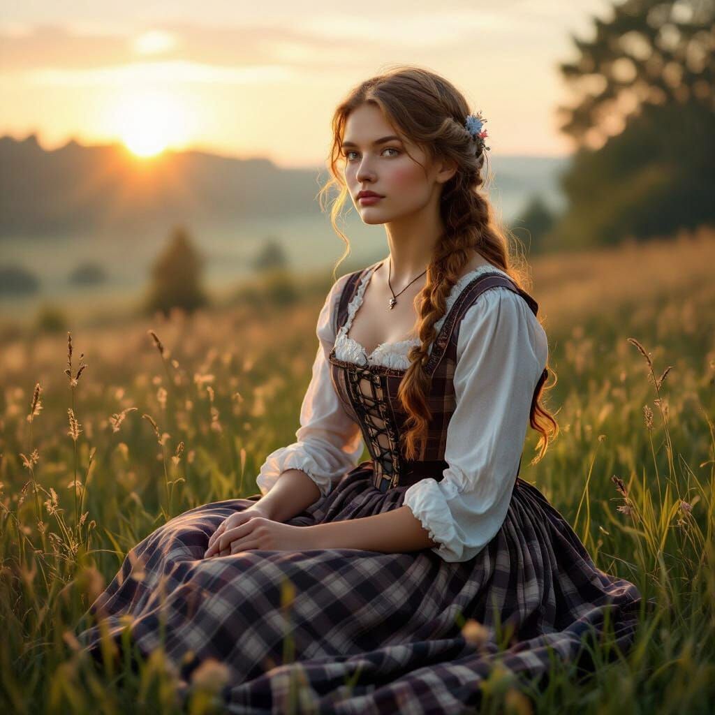 Redhead in Biedermeier Dress at Sunrise