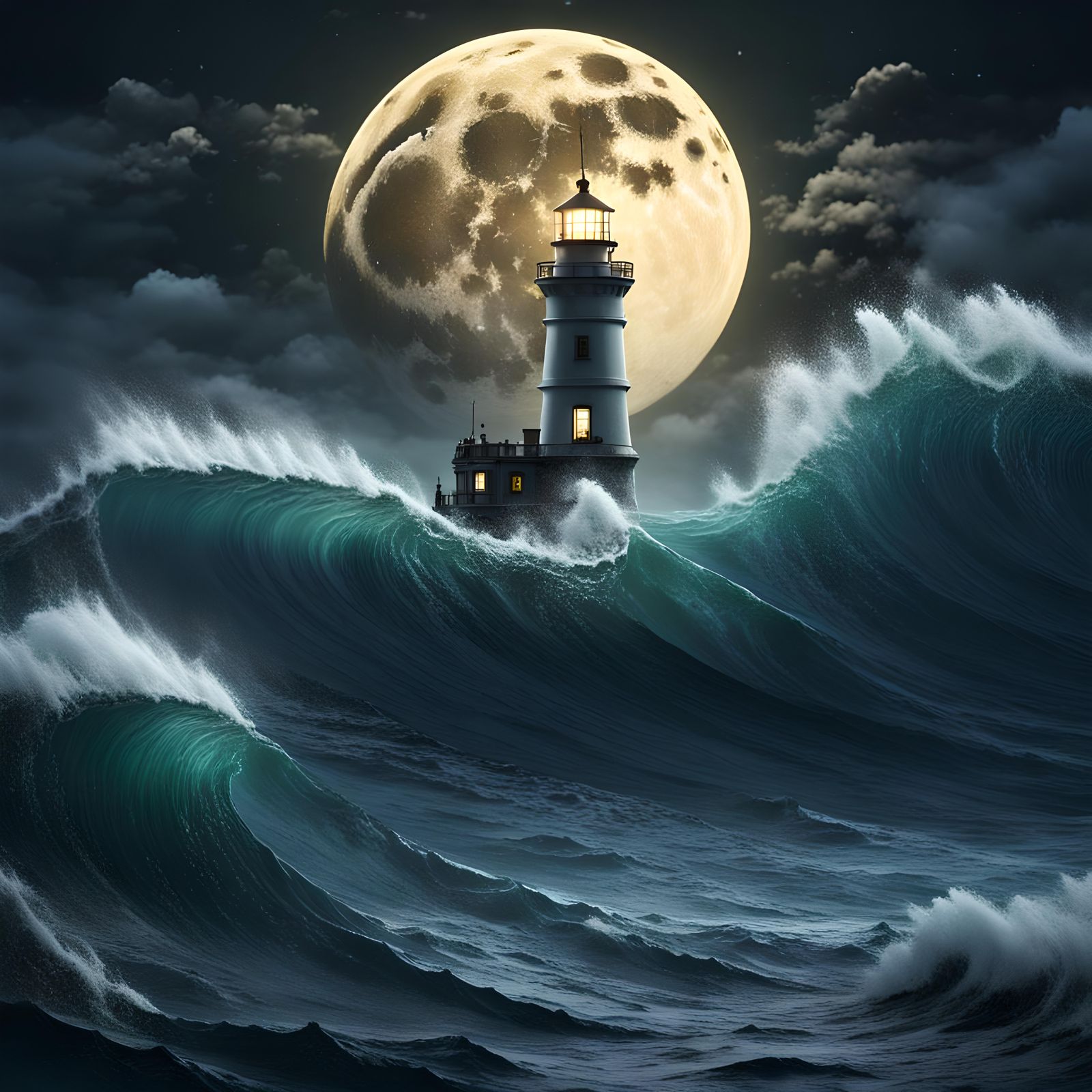 Lighthouse Against Ocean Waves at Night