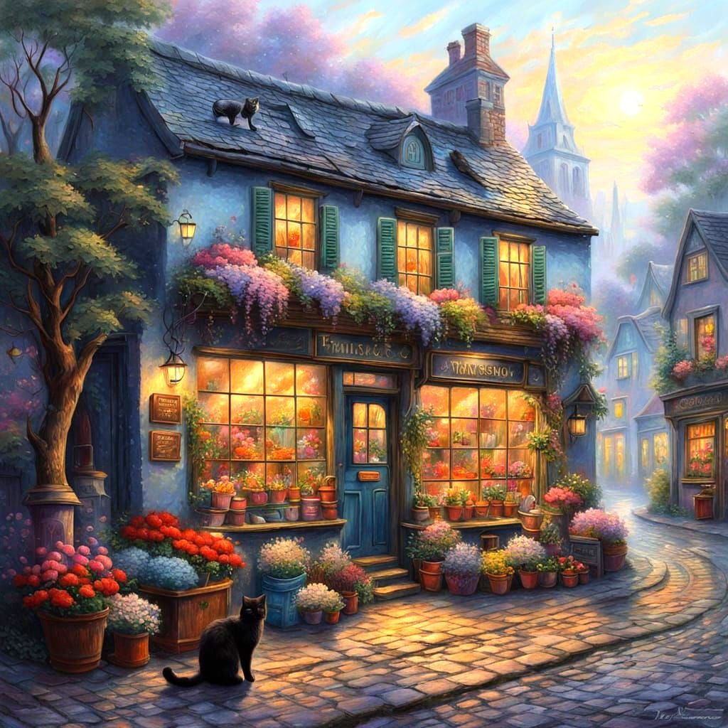 Cosy Fantasy Flowershop Scene in Impasto Art Style