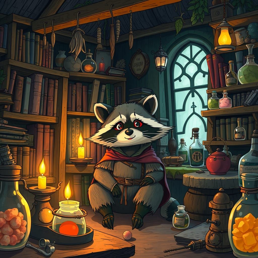 Raccoon Mage in Cozy Potion Lab, Ghibli Style