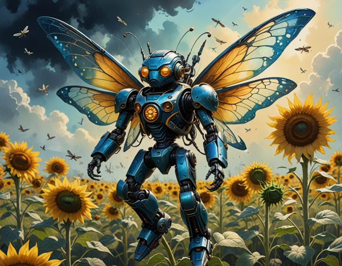 Whimsical Fairy Robot Soars Above Sunflowers in Vibrant Wate...