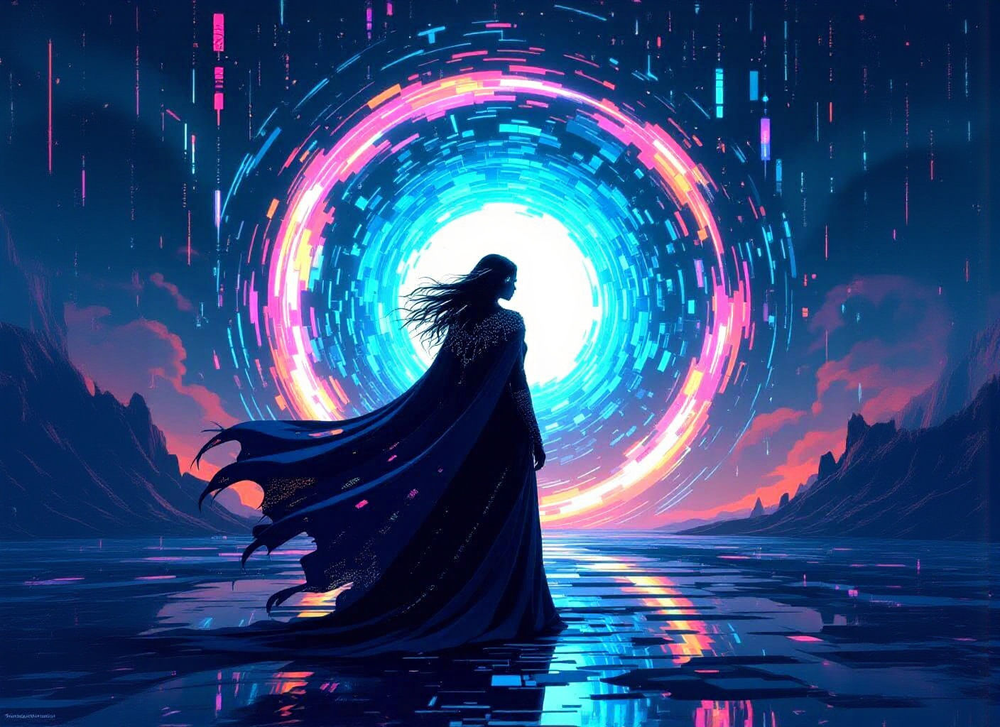 Digital Sorceress in Art Nouveau Cyberpunk Style